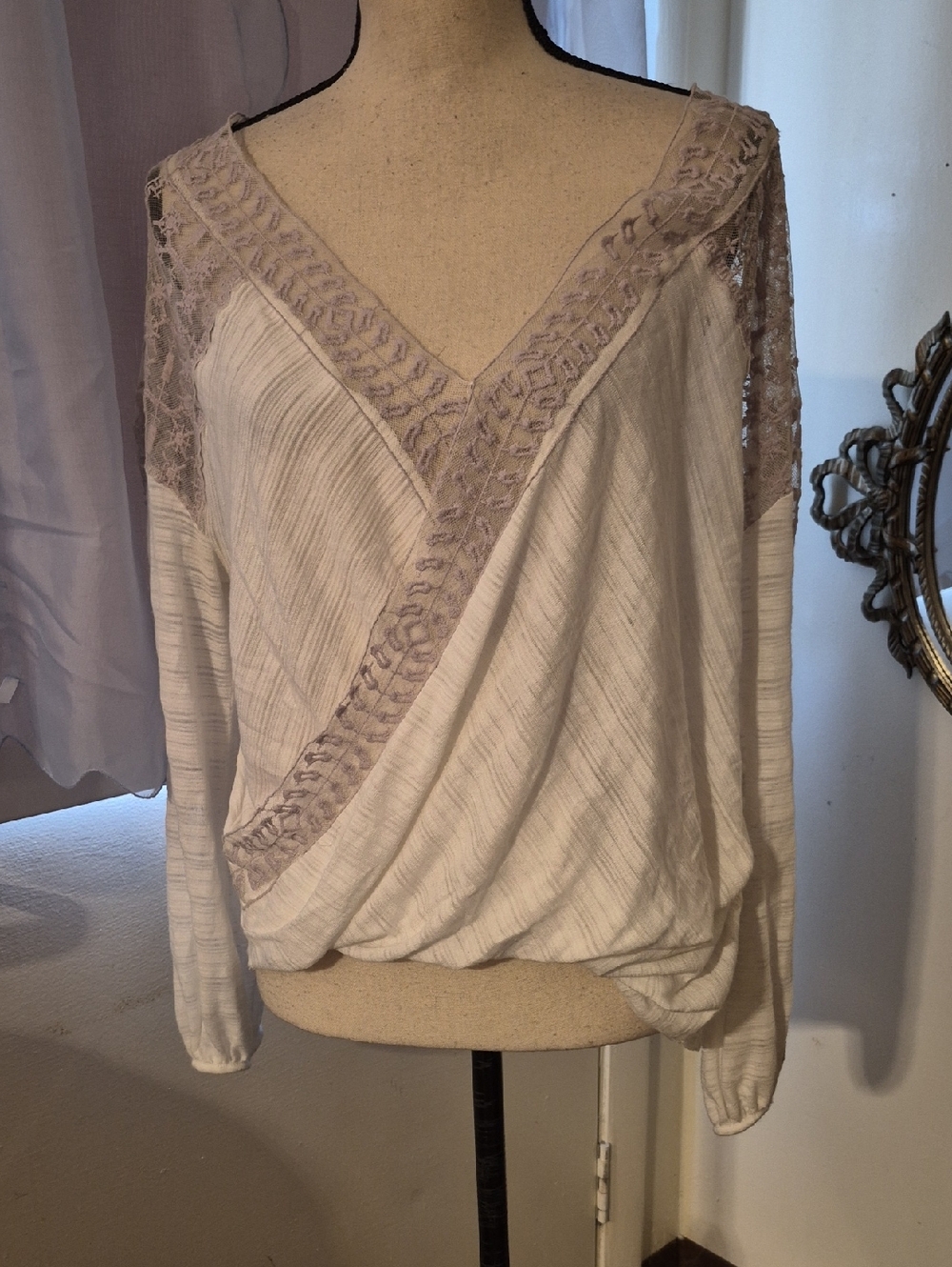 Free People Ivory Lace Trim Valley City Surplice Wrap Top w/Deep V-Neckline